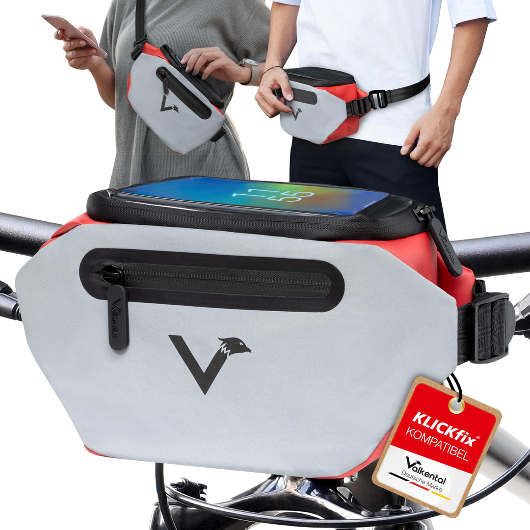 Valkental x KLICKfix 3in1 Lenkertasche 4L, Handyfach, Ebike geeignet | Vollreflektierend für hohe Si
