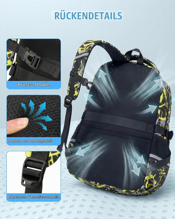 Schulrucksack Jungen Teenager 3 Teilig, Schultasche Kinder für 3. bis 7. Klasse mit Lunch Tasche Fed