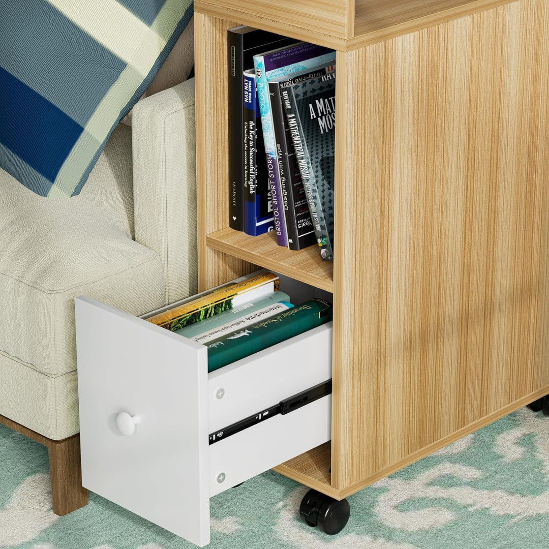 PIPIPOXER Nachttisch Schmal mit Rollen, Kleiner Nachtschrank Eichenfarbe, mit 1 Schubladen und USB-A