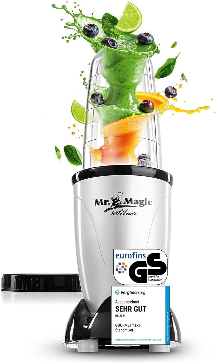 GOURMETmaxx Mr. Magic Smoothie Maker inkl. Frischhaltedeckel | Standmixer mit 8 Funktionen, inkl. To