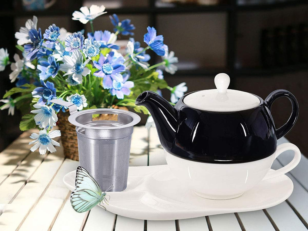 Tea for One mit Sieb Lena 500ml aus Crystal Bone China Porzellan in schwarz-weiss. Teekanne + Teetas