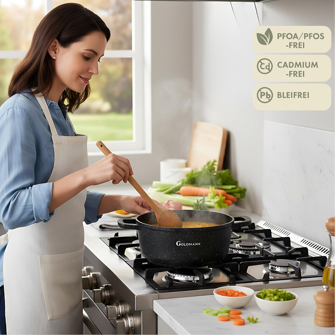 GOLDMANN Premium Gussaluminium Kochtopf 20 cm (2,3 L) – Keramik-Marmor Antihaft-Kasserolle mit Glasd