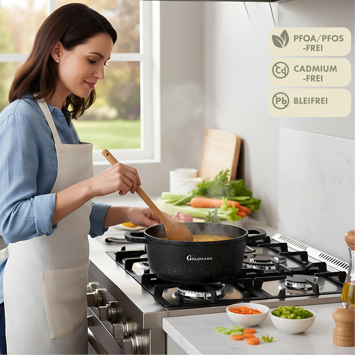 GOLDMANN Premium Gussaluminium Kochtopf 20 cm (2,3 L) – Keramik-Marmor Antihaft-Kasserolle mit Glasd
