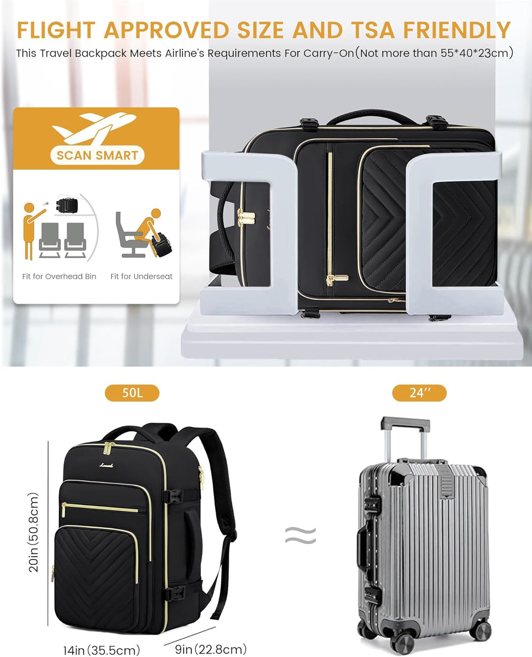 LOVEVOOK Handgepäck Rucksack Flugzeug, 50L Reiserucksack Damen Gross, Wasserdicht Laptop Rucksack Da