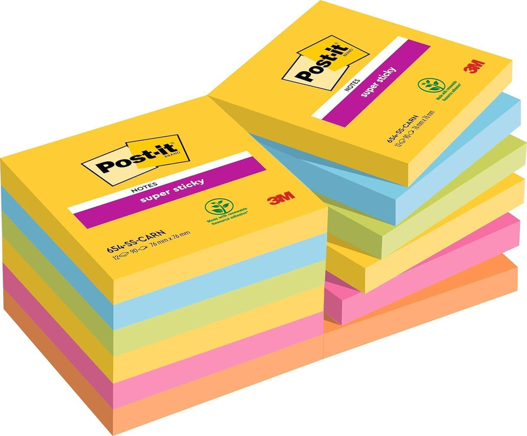 Post-it Super Sticky Notes Carnival Collection, Vorteilspackung mit 12 Blöcken, 90 Blatt pro Block,