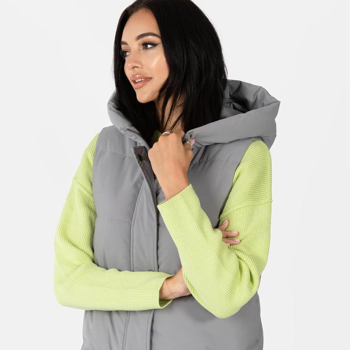 Women's Gilet Ladies Hooded Body Warmer Sleeveless Jacket Quilted Winter Coat Padded Longline Side P