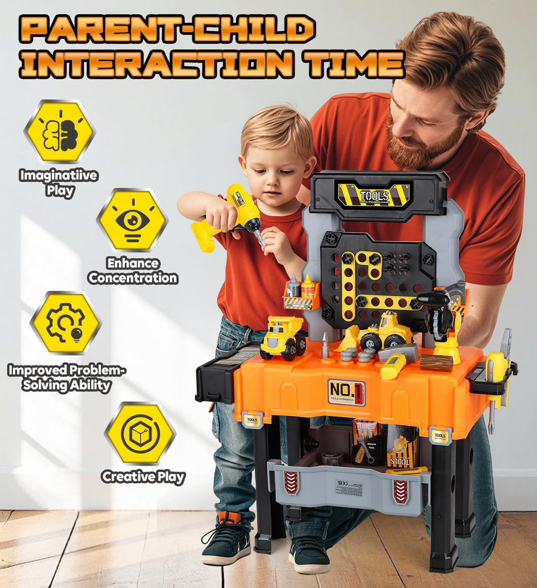 Lehoo Castle Werkbank für Kinder, Montessori Werkzeugkoffer mit Werkzeug Elektro-Bohrmaschine &amp; 2 Au