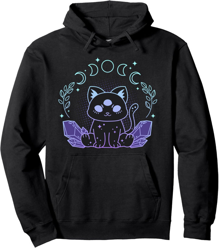 Schwarze Hexen Goth-Katze mit Kristallen und Halbmond Pullover Hoodie