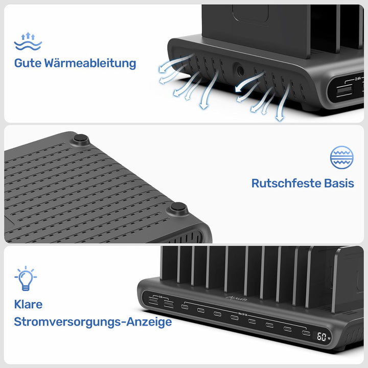 Alxum 60W 10 Port USB Ladestation für mehrere Geräte, LED Echtzeit-Digitalanzeige mit 8×USB-C & 2×US
