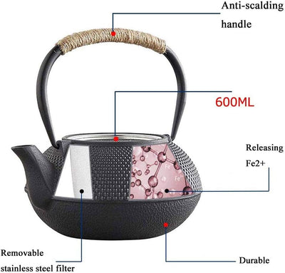 Webao Gusseiserne Teekanne im Japanischen Stil mit Edelstahl Siebeinsatz 600ml (Schwarz) 600ml Stern