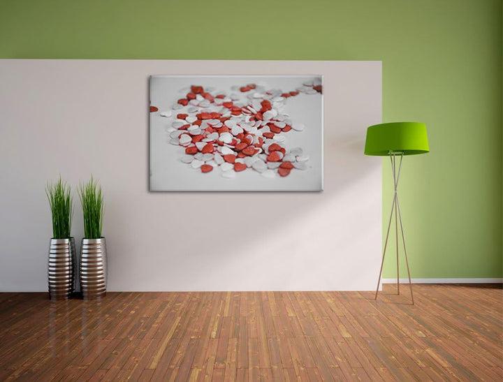 viele kleine Herzen schwarz/weiss auf Leinwand, XXL riesige Bilder fertig gerahmt mit Keilrahmen, Ku