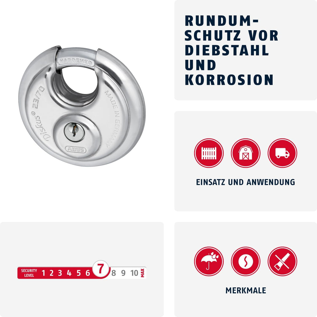 ABUS Diskus Vorhängeschloss 23/70 - wetterfest für den Garten - mit Diskus-Schweisstechnologie für b