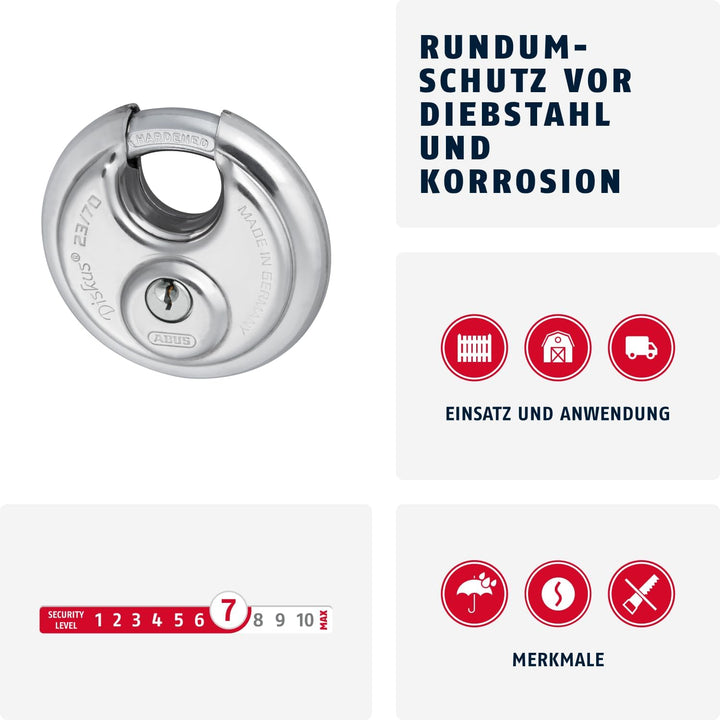 ABUS Diskus Vorhängeschloss 23/70 - wetterfest für den Garten - mit Diskus-Schweisstechnologie für b