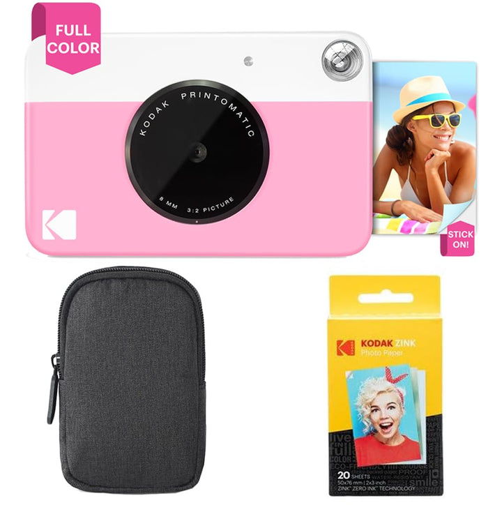 KODAK Printomatic Sofortbildkamera (Rosa) Basis-Paket + Zinkpapier (20 Blätter) Etui + Bequemer Hals