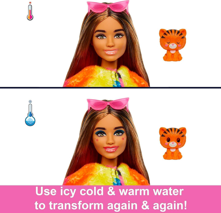Barbie Cutie Reveal, bewegliche mit Tiger-Accessoires, 10 Überraschungen, Tierspielzeug, Farbwechsel