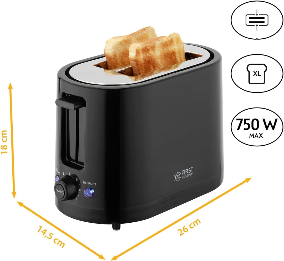TZS First Austria Doppel Kurzschlitz Toaster, 2 Scheiben, schwarz, 750W, 7 Stufen, Warmhalte- und Au