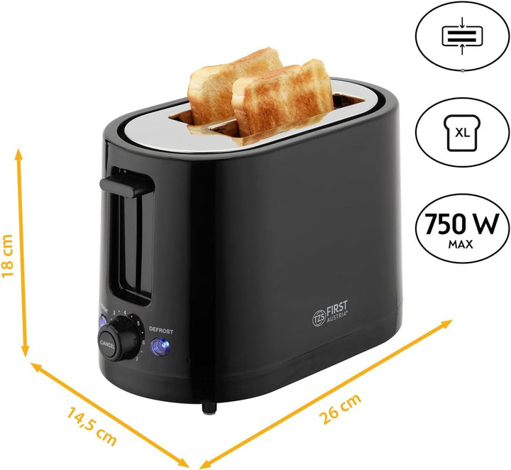 TZS First Austria Doppel Kurzschlitz Toaster, 2 Scheiben, schwarz, 750W, 7 Stufen, Warmhalte- und Au
