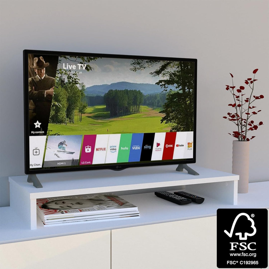Henor TV-Ständer aus FSC® Holz, TV-Bildschirmerhöhung, 85 x 35 x 12 cm, Tragkraft 50 kg, Weiss 85x35