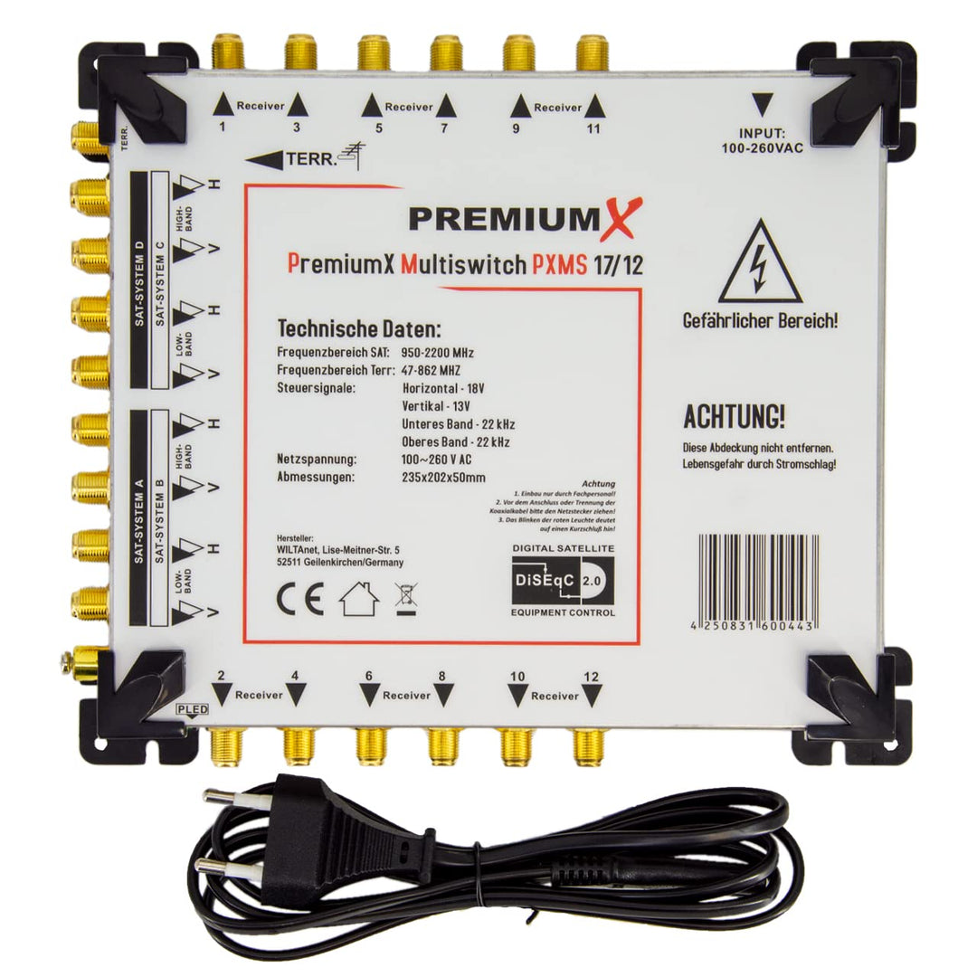 PremiumX PXMS 17/12 Multischalter mit Netzteil Multiswitch 4 SAT für 12 Teilnehmer Satverteiler Digi