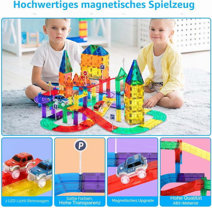 63Pcs Magnetisches Baustein Spielzeug für Bahnrennen, Magnetisches Bauspielzeug mit LED Rennwagen, M