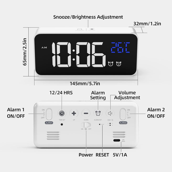 LATEC Digitaler Wecker mit Grosse LED Temperaturanzeige, Tischuhr mit 10 Musik, USB Ladeanschluss, 4