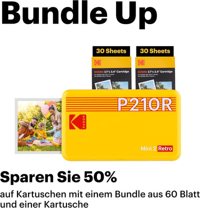 KODAK Mini 2 Retro 4PASS Mobiler Fotodrucker (5,3x8,6cm) - Paket met 68 Blatts, Schwarz Drucker + 68