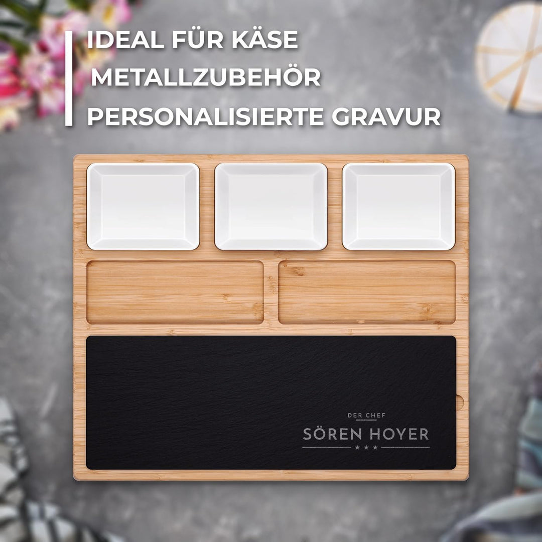 Maverton Servierplatte mit Gravur - Käsebrett mit personalisierter Steinplatte + 3 Keramikschalen -