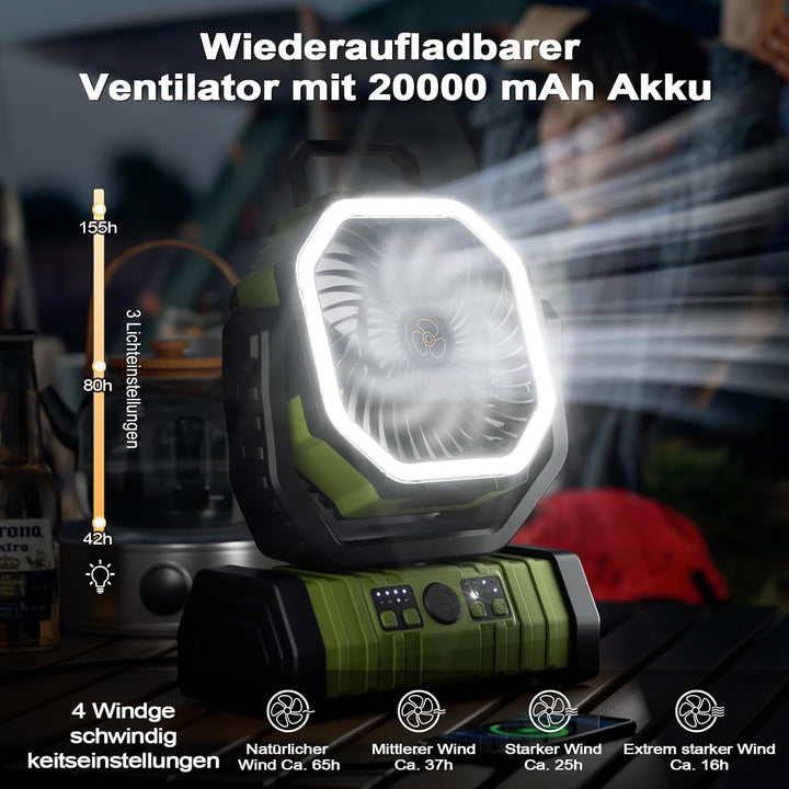 Camping Ventilator mit Akku 20000mAh – USB Tischventilator wiederaufladbar mit LED Licht, Fernbedien