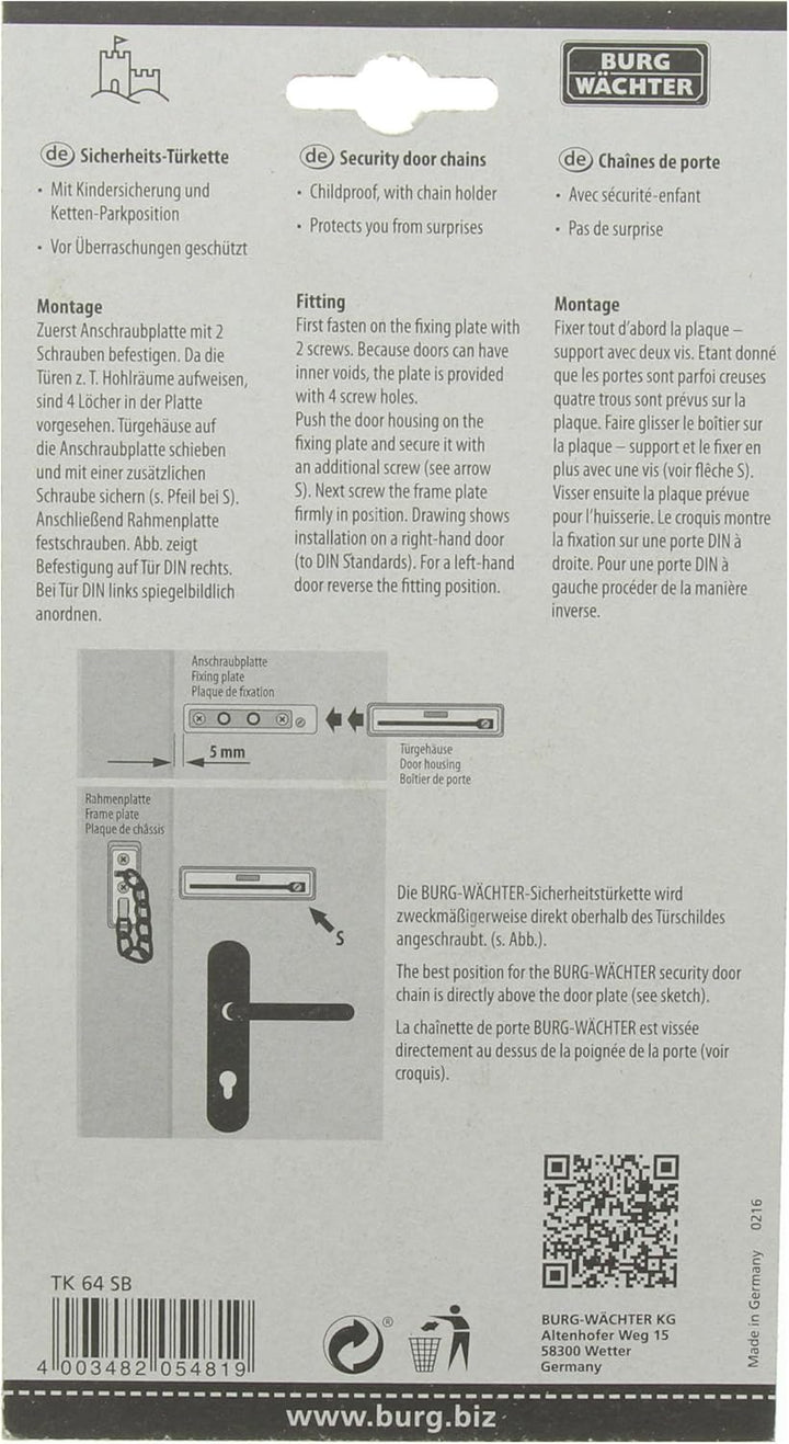 Burg-Wächter Sicherheits-Türkette mit Kindersicherung, 13 cm Länge, TK 64 SB, Vernickelt Kettenlänge