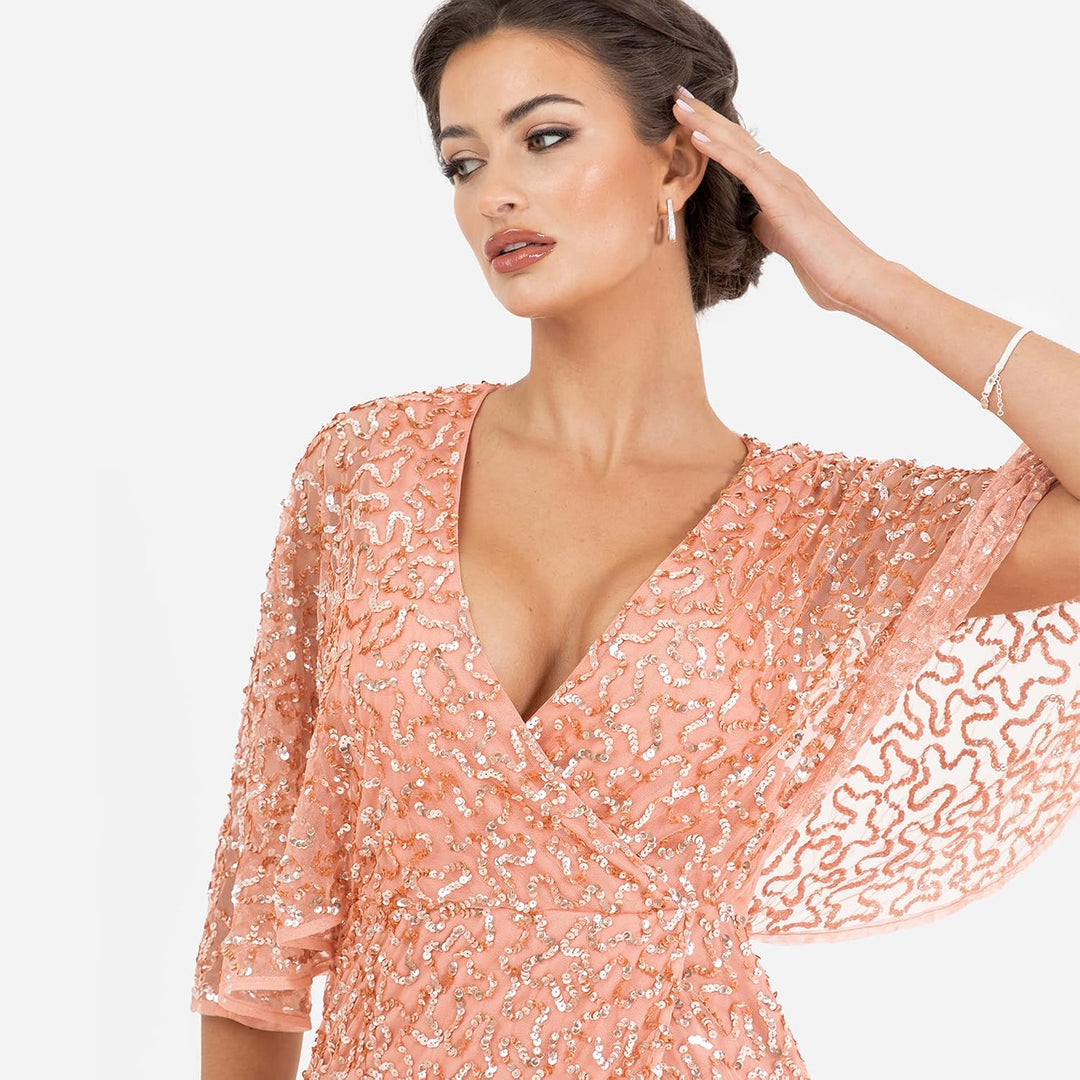 Maya Deluxe Damen Womens Midi Ladies Sequin Embellished Cape Sleeve Wrap Dress for Wedding Guest Bri