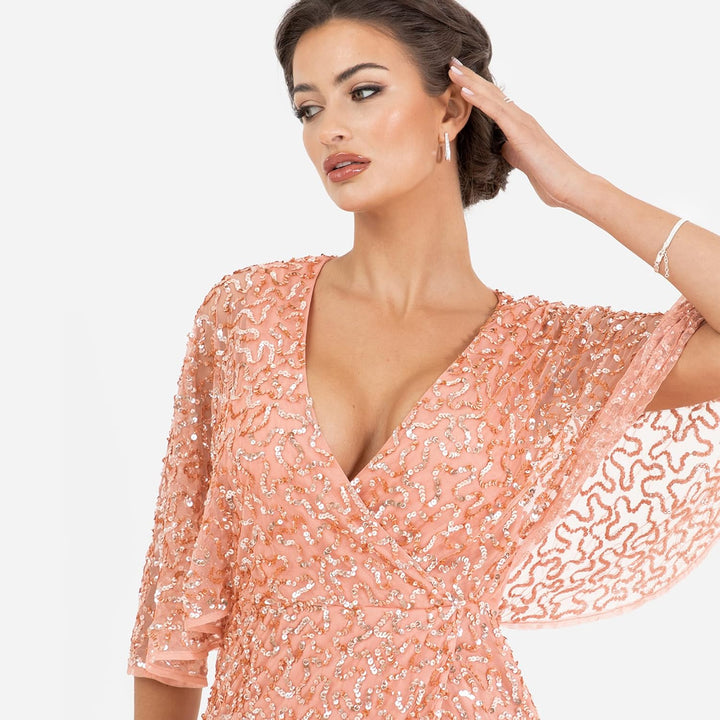Maya Deluxe Damen Womens Midi Ladies Sequin Embellished Cape Sleeve Wrap Dress for Wedding Guest Bri