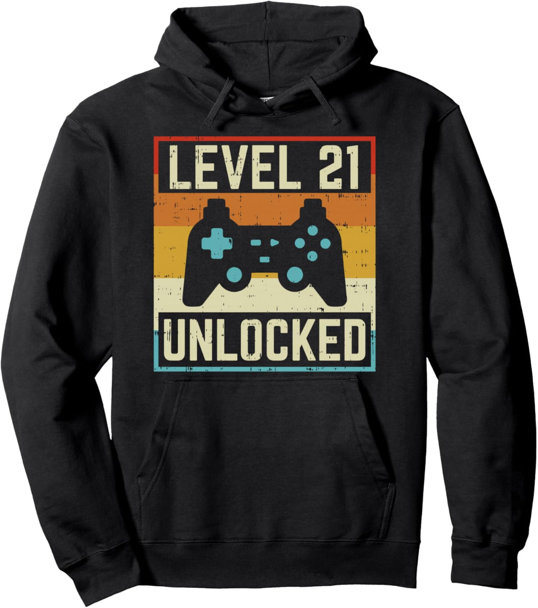 Level 21 Unlocked 21st Birthday Gamer Retro Gaming Gift Men Pullover Hoodie