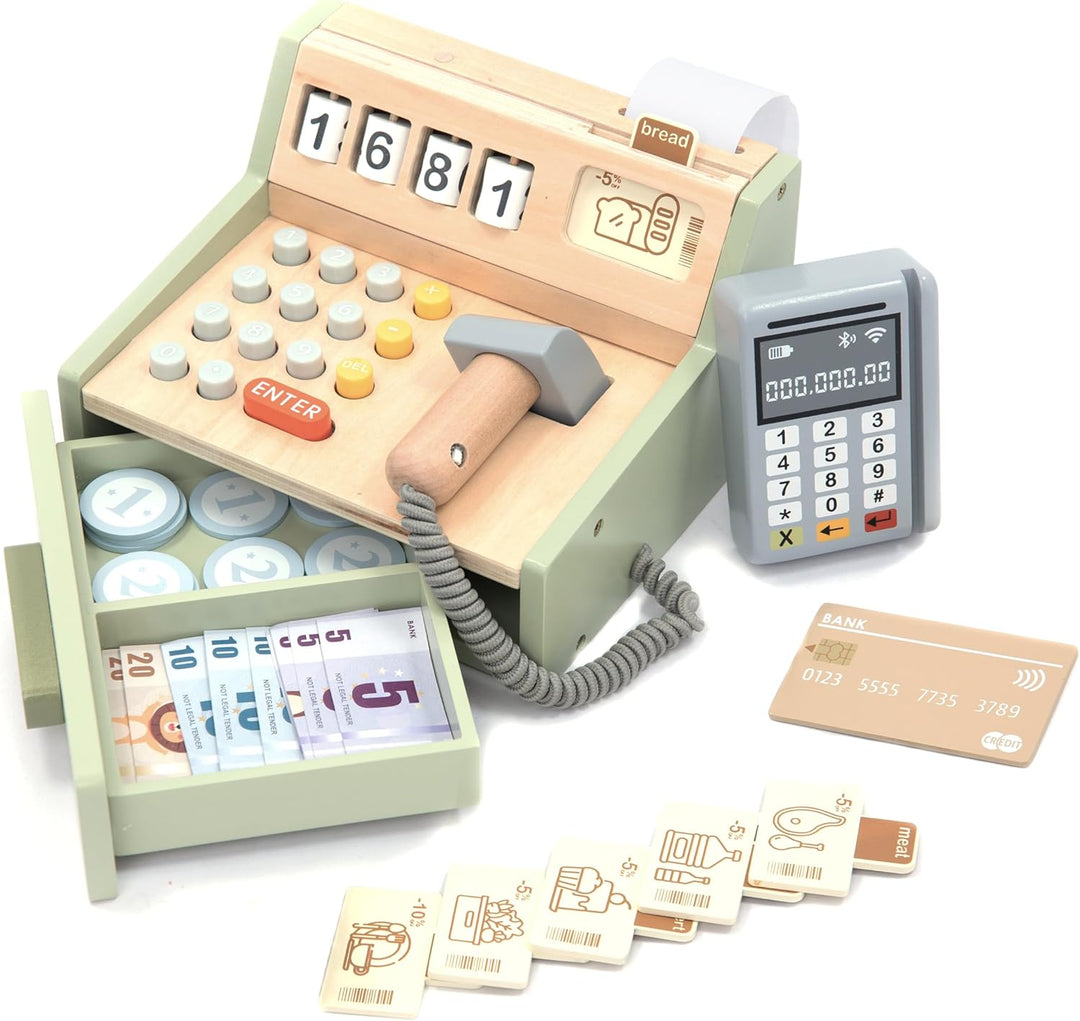 UMU® Kinder Kasse aus Holz - inkl. Zubehör (Scanner, Zahlungsterminal, Spielgeld usw.), Kaufläden &