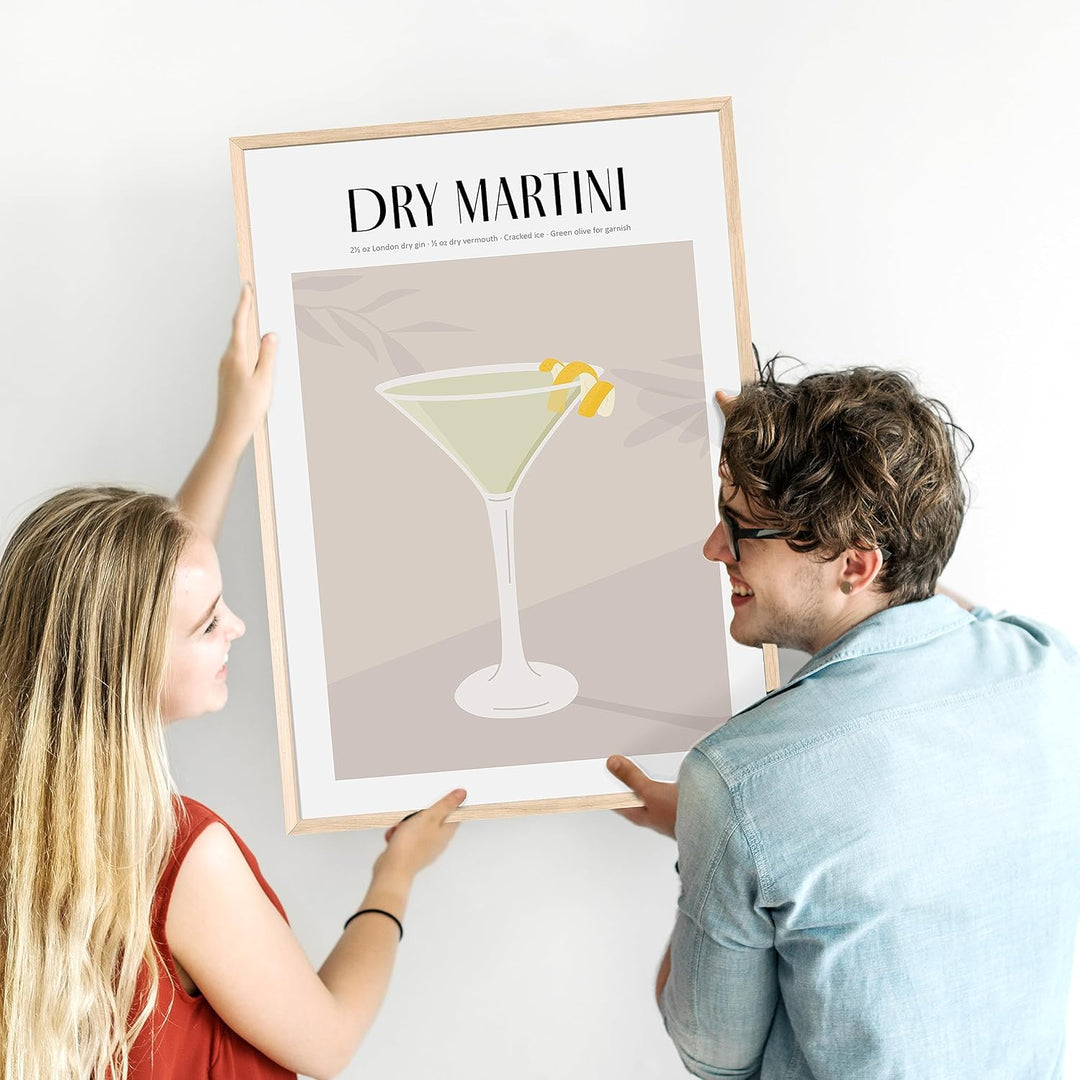 JUNOMI® Dry Martini Poster DIN A2, Cocktail, Longdrink, Bar, Getränke, Cocktail Set | Mit Rahmen Nat