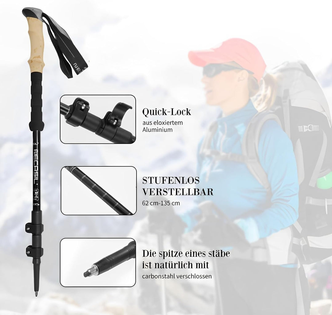 Teleskop Wanderstöcke faltbar (Aluminium) - 2er Set Ultraleicht 62-135cm verstellbar mit Korkgriff |