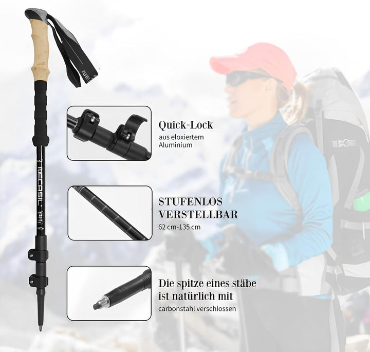 Teleskop Wanderstöcke faltbar (Aluminium) - 2er Set Ultraleicht 62-135cm verstellbar mit Korkgriff |