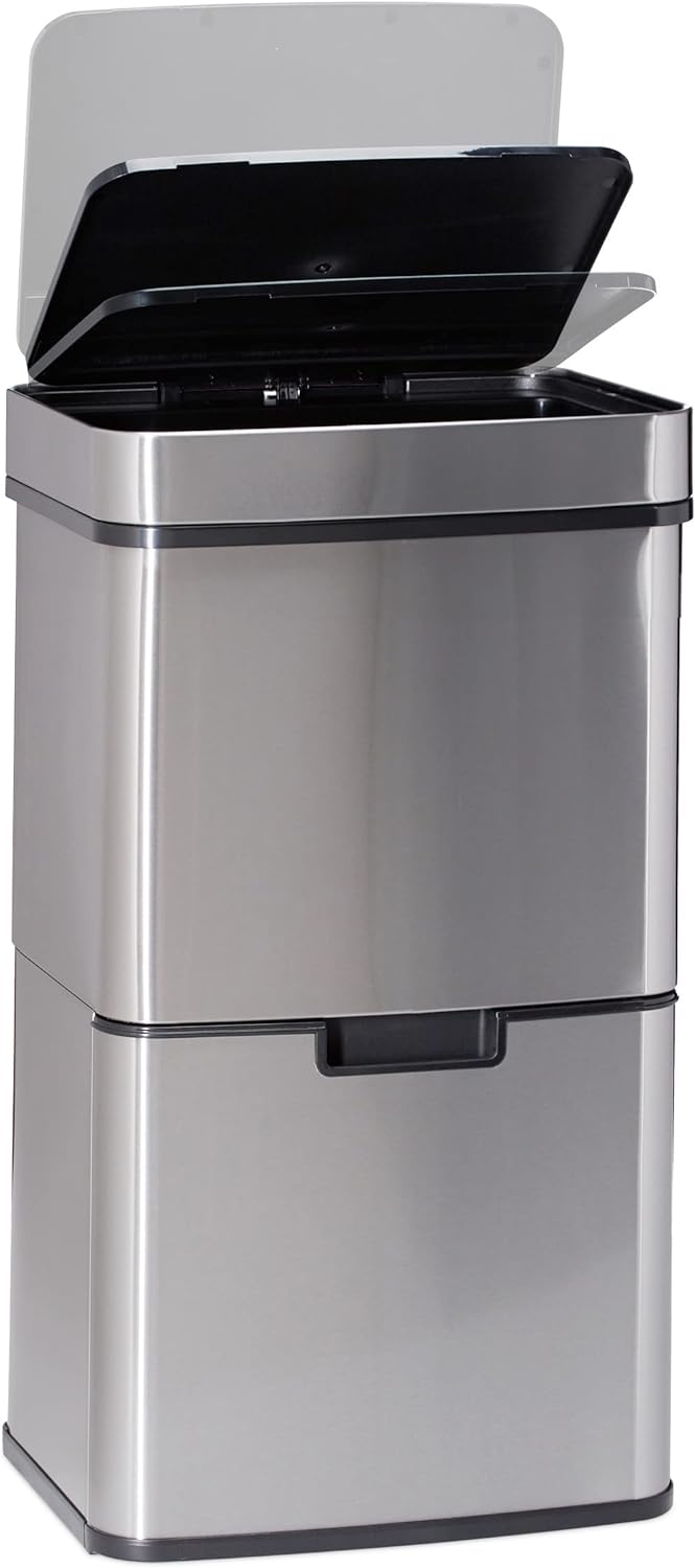 Relaxdays Mülltrennsystem 3 fach, mit Bewegungssensor, 60 L, ausziehbar, Edelstahl, HBT: 74,5 x 42 x
