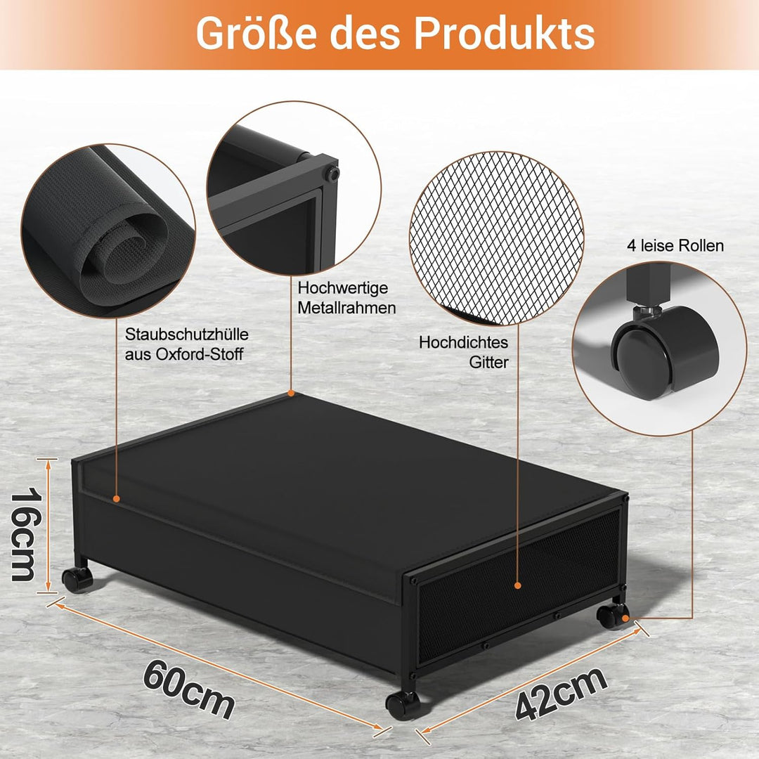 Unterbett Aufbewahrungsbox mit Rollen aus Metall | Unterbettkommode für Kleidung, Schuhe und Decken