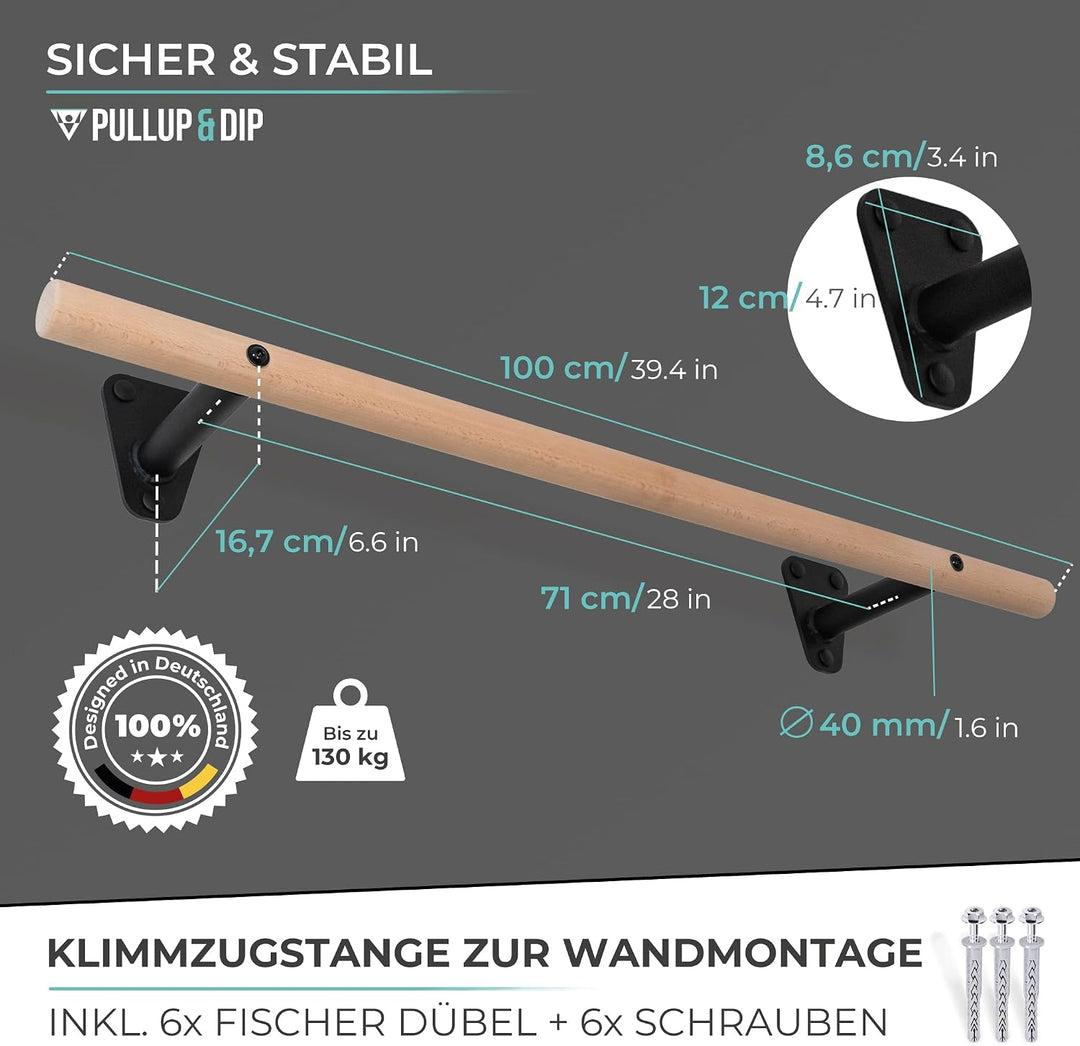 Pullup &amp; Dip Holz Klimmzugstange Wand - Buchenholz Klimmzugstange zur Wandmontage über Türrahmen, 40