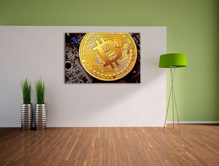 Pixxprint Bitcoin BTC auf Platine als Leinwandbild | Grösse: 120x80 cm | Wandbild | Kunstdruck | fer