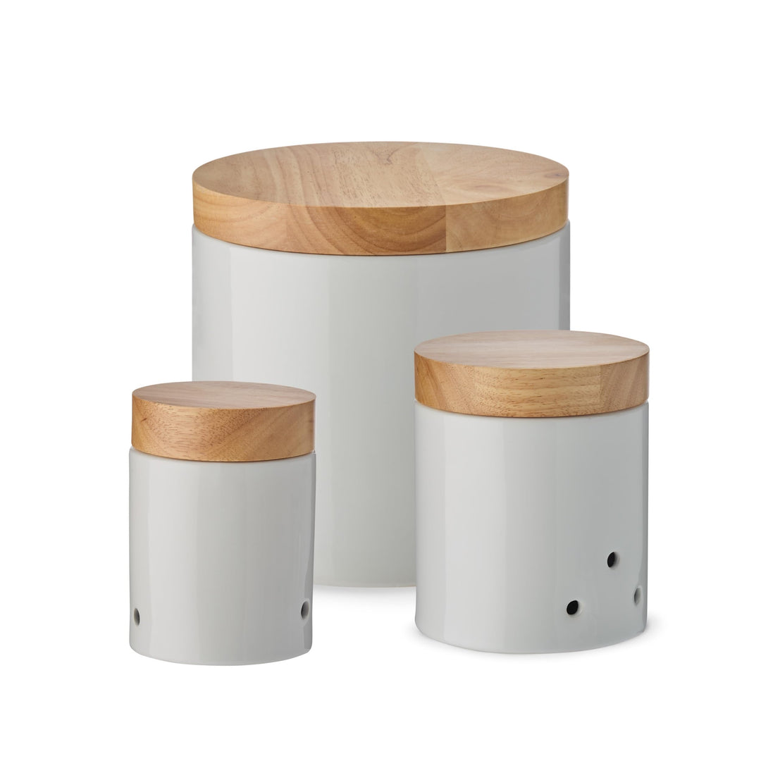 KHG Vorratsdosen Set Kartoffel-, Zwiebel- & Knoblauch, Keramik Steingut Weiss Holz-Deckel Bambus, Vo