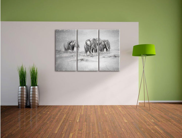Pixxprint Elefanten in Südafrika / 3-Teilig/Gesamtmass 120cm Leinwandbild bespannt auf Holzrahmen/Wa