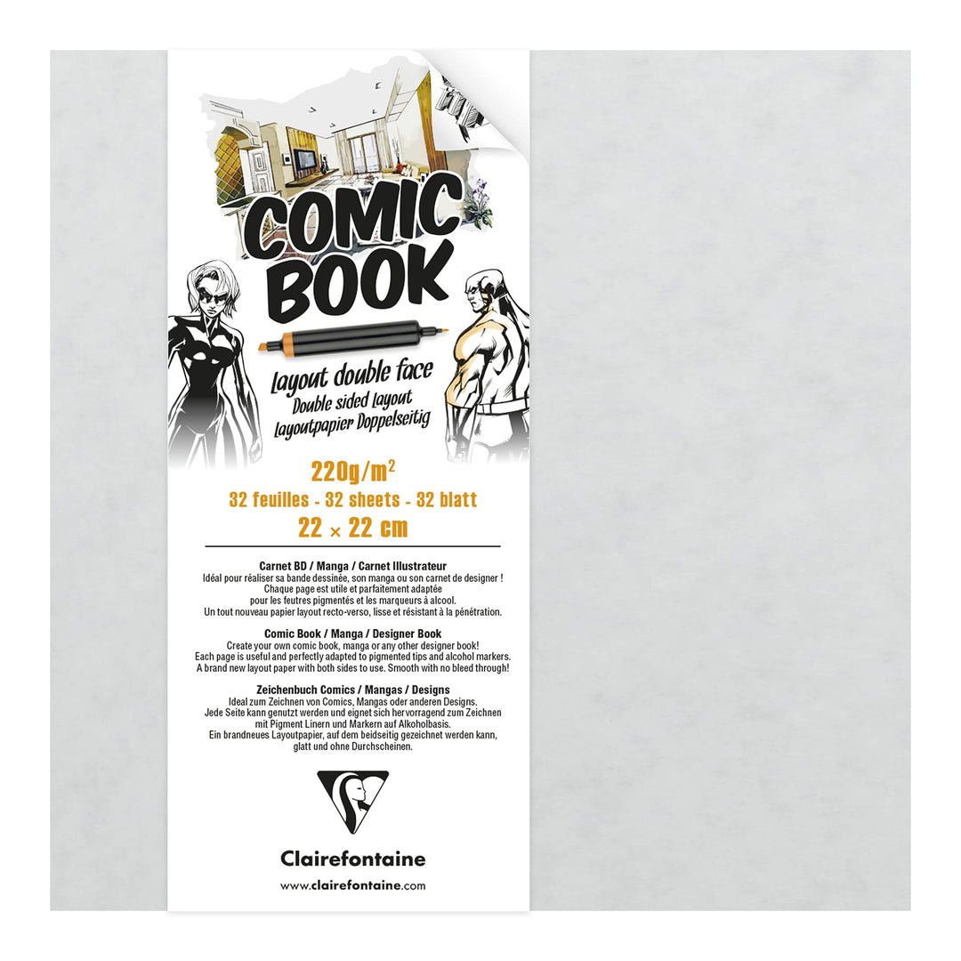 Clairefontaine 975198C Zeichenbuch mit doppelseitigem Layoutpapier, 220g, 22 x 22cm, ideal für Comic