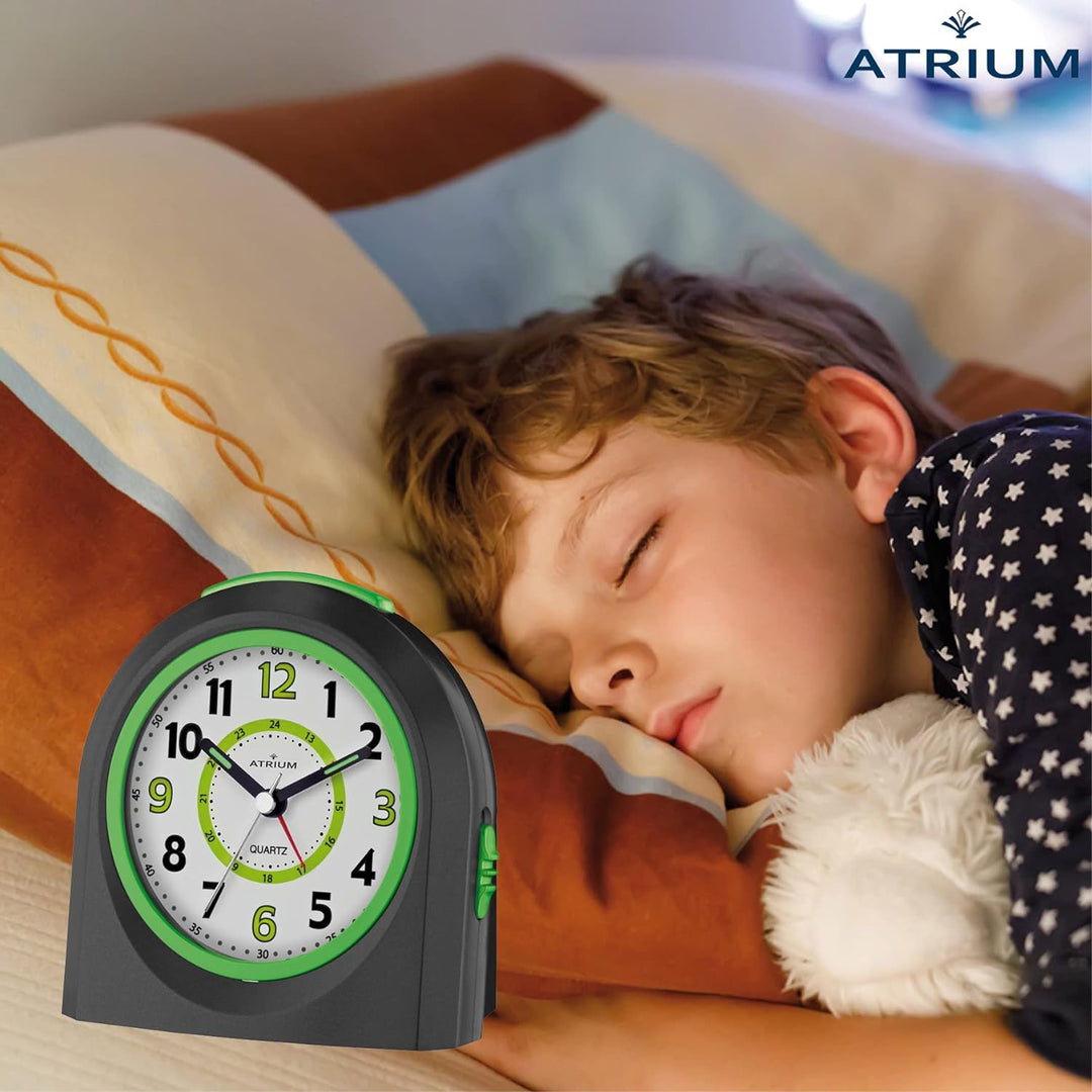 Atrium Kinder Wecker Analog Quarz ohne Ticken mit Licht und Snooze Schwarz Grün A921-7
