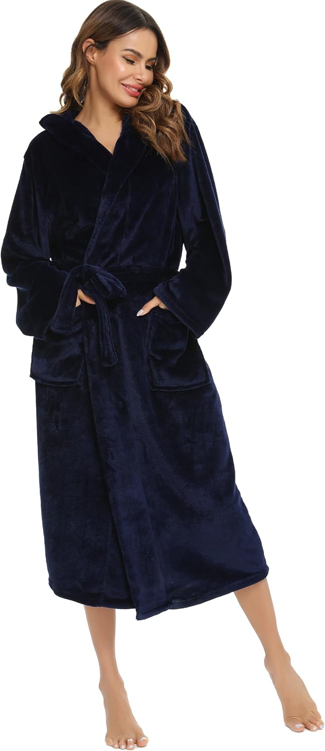 Vlazom Damen Winter Bademantel Flanell mit Kapuze Langärme Morgenmantel Saunamantel Flauschiger Robe