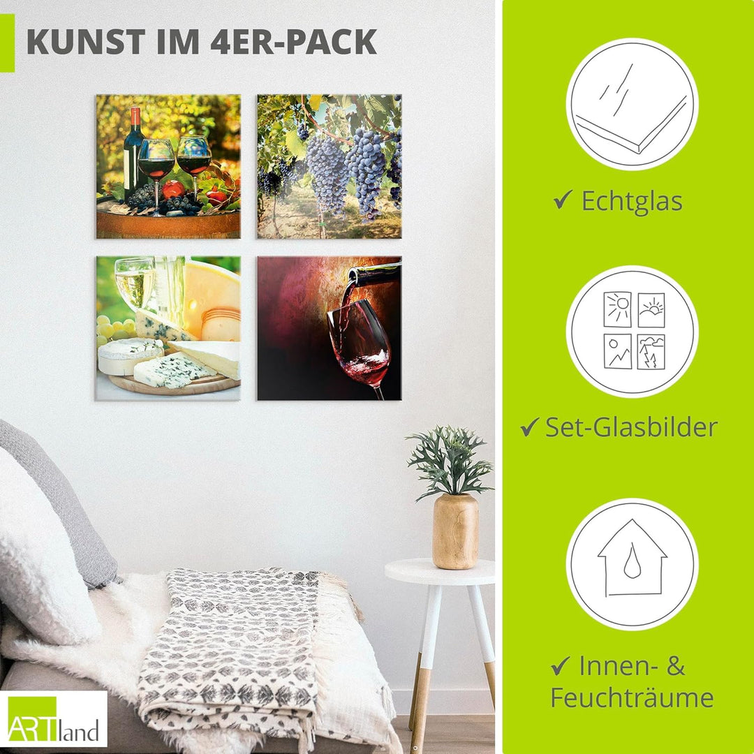 ARTland Glasbilder Wandbild Glas Bild Set 4 teilig je 30x30 cm Quadratisch Dolce Vita Rotwein Traube