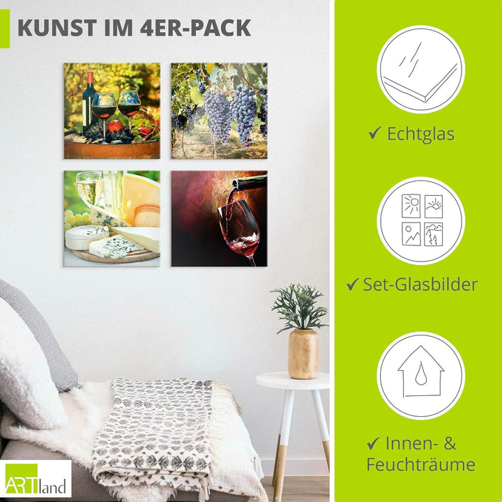 ARTland Glasbilder Wandbild Glas Bild Set 4 teilig je 30x30 cm Quadratisch Dolce Vita Rotwein Traube