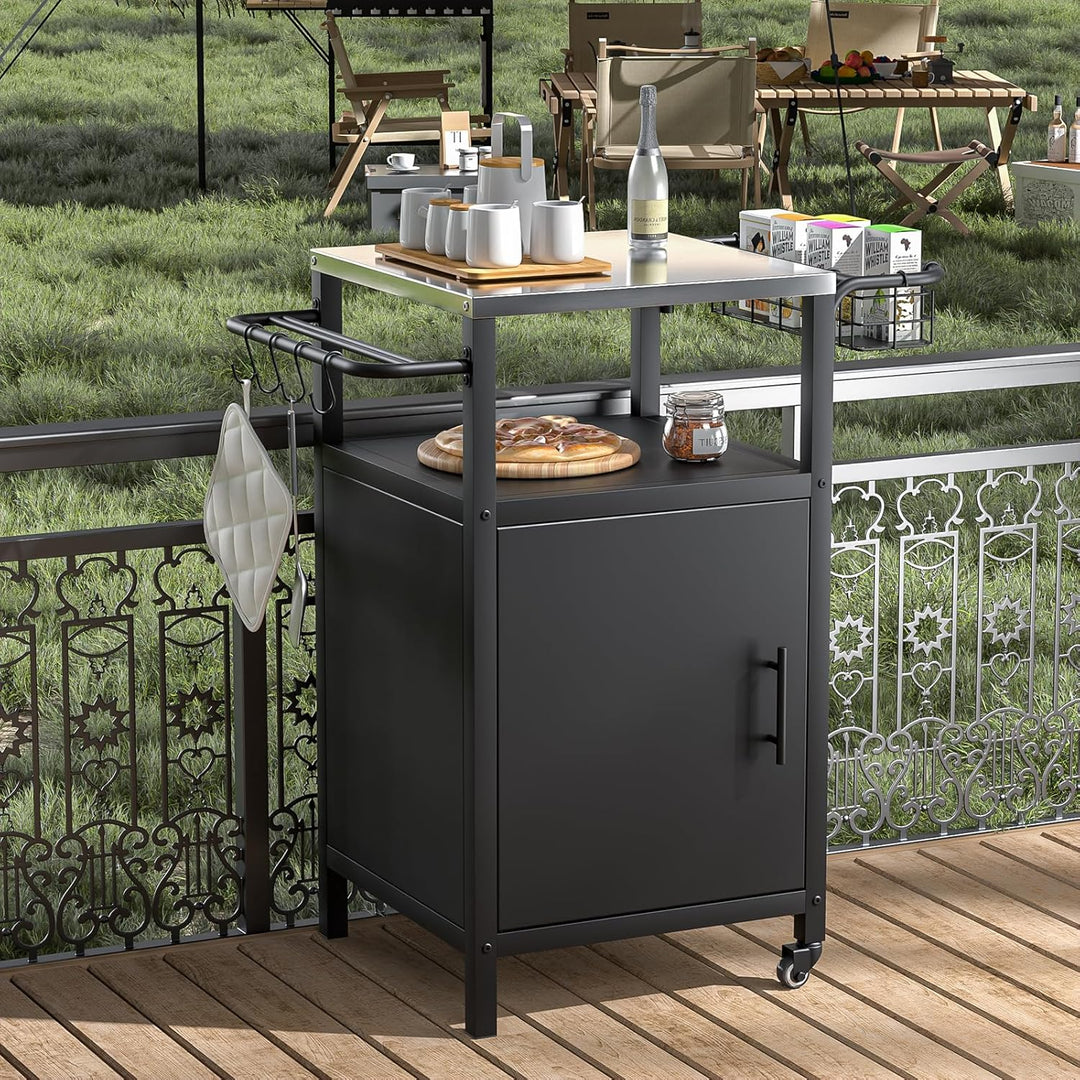 Edelstahl Grillwagen 3-Etagen, Grilltisch Outdoor mit Schrank, Outdoorküche mit 2 Rollen, 4 Haken &amp;