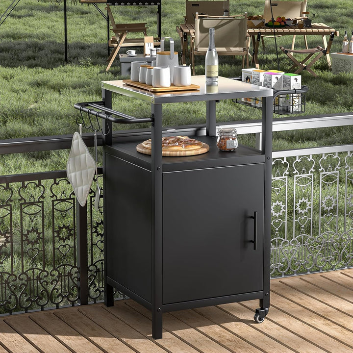 Edelstahl Grillwagen 3-Etagen, Grilltisch Outdoor mit Schrank, Outdoorküche mit 2 Rollen, 4 Haken &amp;