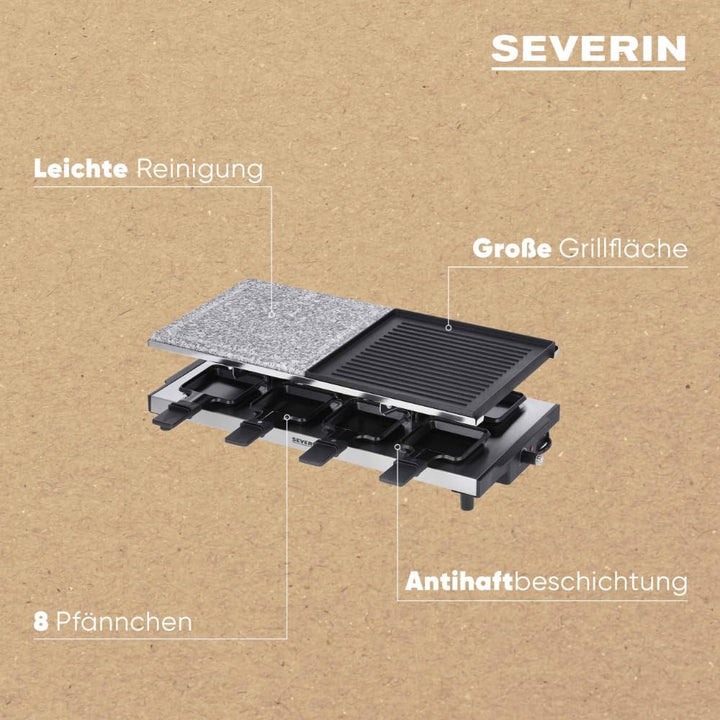 SEVERIN Raclette-Grill mit Naturgrillstein und Grillplatte, Raclette mit antihaftbeschichteter Grill